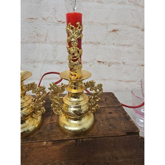 Pair Of Vintage Chinese Style Electric Candle Alter Lamps Dragon Design - Picture 3 of 4